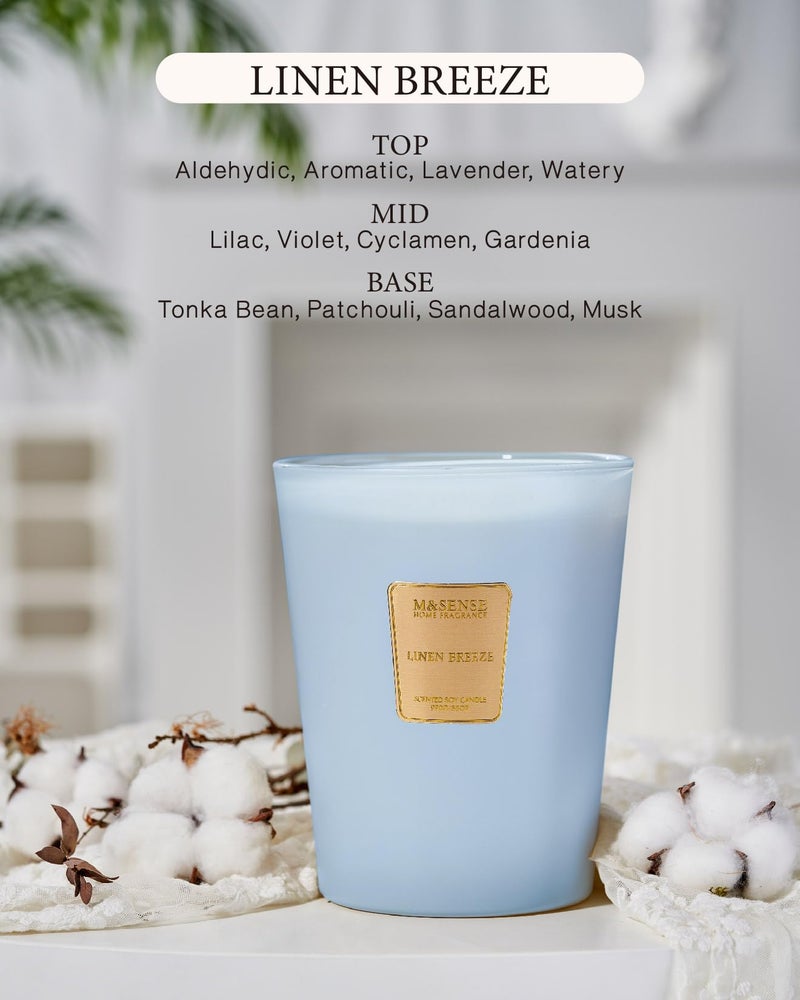 إم آند سينس شمعة M&SENSE كبيرة من الصويا معطرة برائحة نسيم الكتان 35oz 150H تدوم طويلاً، شمعة برائحة طبيعية 3 فتيل، بدون شمعة سامة، هدايا المنزل الجديد - Image 2